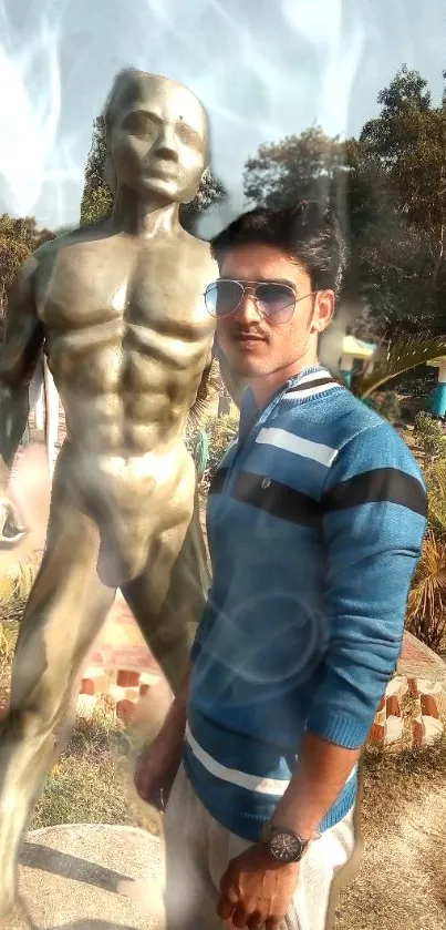 Man in blue sweater beside bronze sculpture in park.