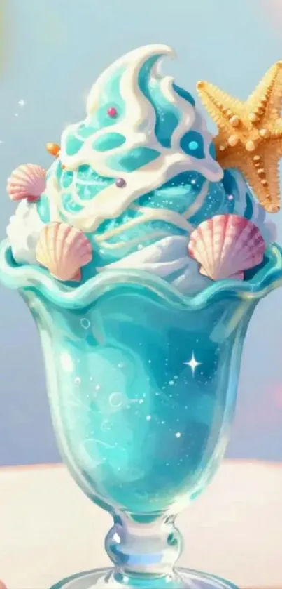 Sea-themed ice cream with starfish and seashells.