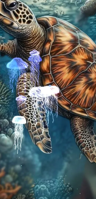 Colorful sea turtle and jellyfish artwork in an underwater scene.