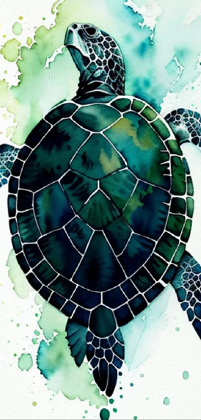 Vibrant watercolor sea turtle painting on mobile wallpaper.