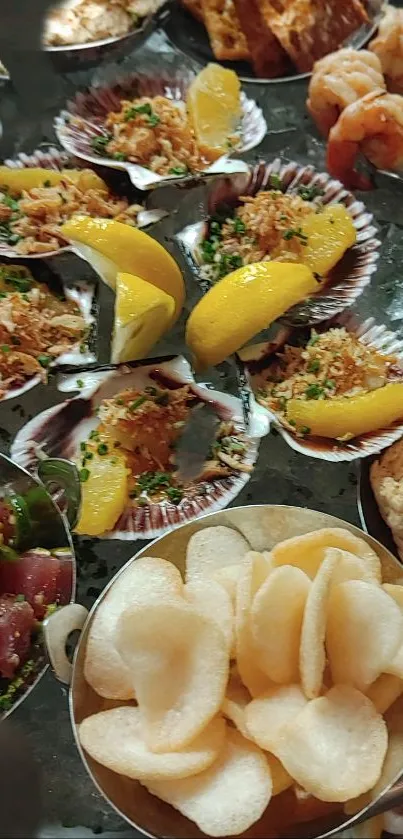 Seafood platter with lemon slices and crispy snacks.