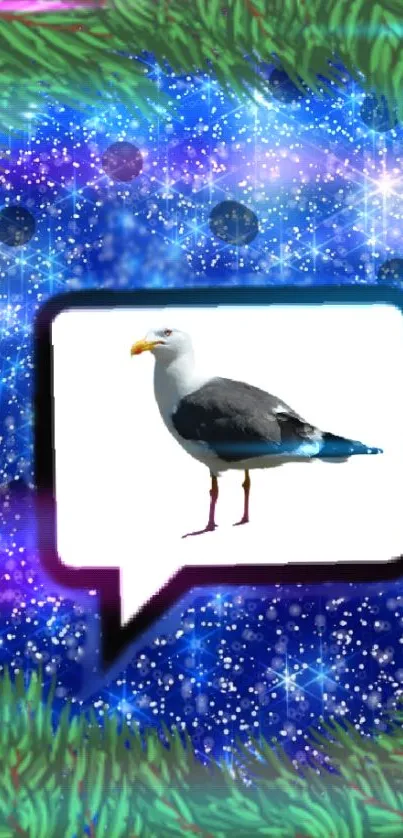 Seagull in a galaxy-themed sparkling wallpaper with a speech bubble.