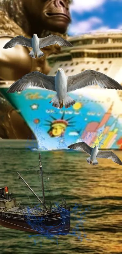 Seagulls soar above a ship and cruise liner.