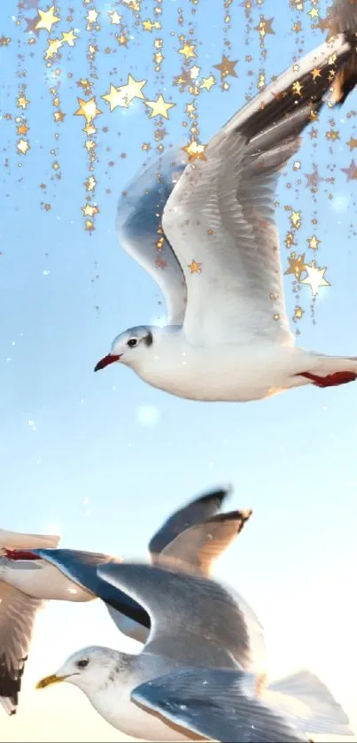 Seagulls flying with gold stars in a blue sky.