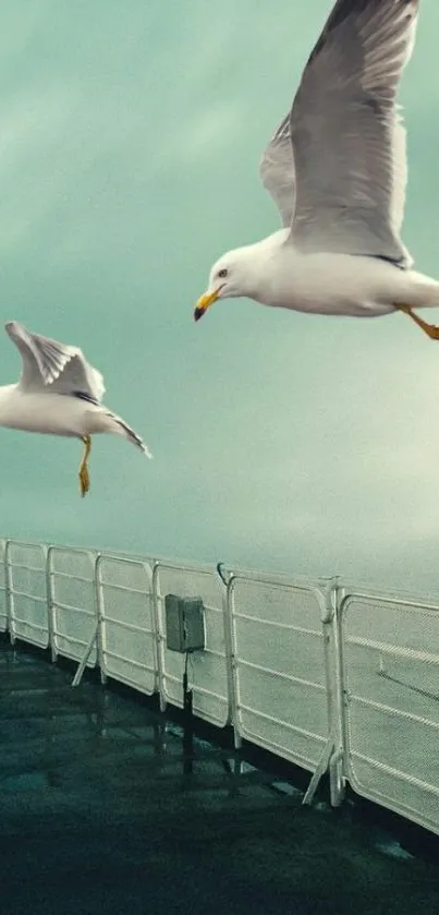 Seagulls soaring above ocean view on a tranquil mobile wallpaper.