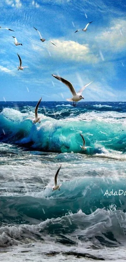 Seagulls soar over vibrant ocean waves.