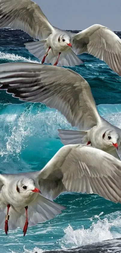 Seagulls flying above vibrant ocean waves, creating a serene and dynamic scene.