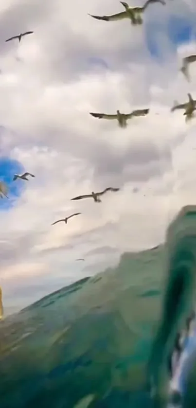 Seagulls fly over ocean waves with a cloudy sky background.