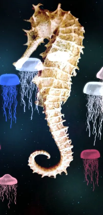 Seahorse surrounded by colorful jellyfish on a dark cyan background.