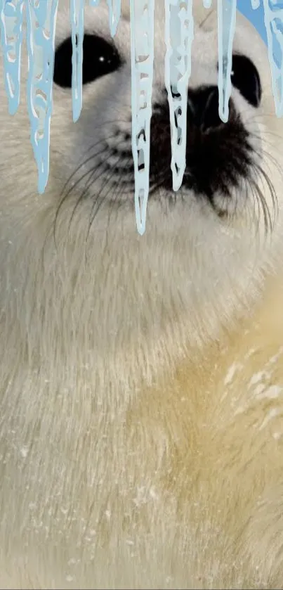 Fluffy seal pup with icicles in a snowy background.