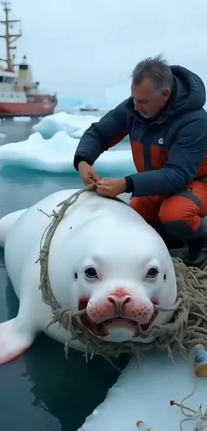 Man rescuing seal entangled in ropes on icy sea.