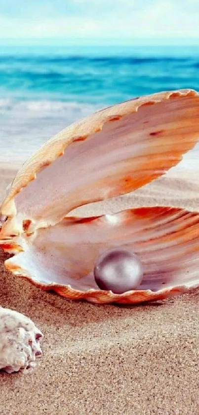 Open seashell with pearl on sandy beach and ocean background.