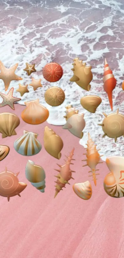 Artistic seashells on pink sandy beach wallpaper