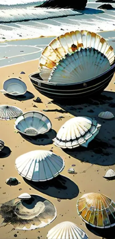 Seashells scattered across a sandy beach, against a backdrop of gentle ocean waves.