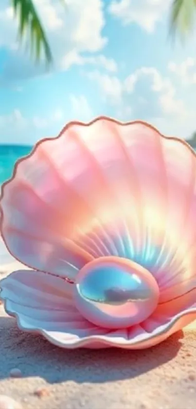 A pink seashell with a pearl on a sunny beach.