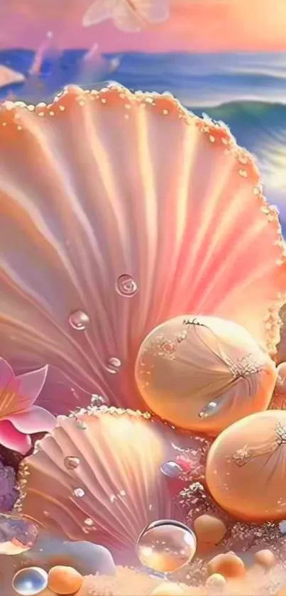 Beach sunset with seashells and ocean waves in a pastel mobile wallpaper.