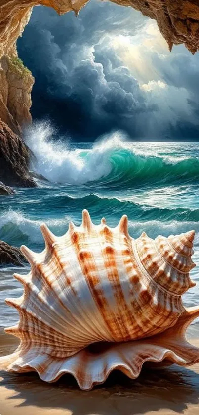 Seashell on beach with ocean waves in background.