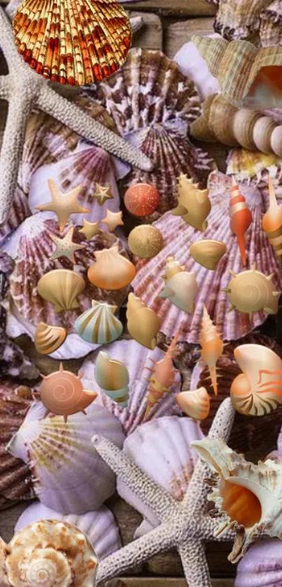 A collage of various seashells and starfish in earthy tones for mobile wallpaper.