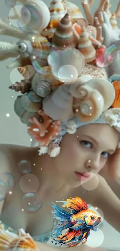 Fantasy artwork of woman with seashell headdress and colorful fish.