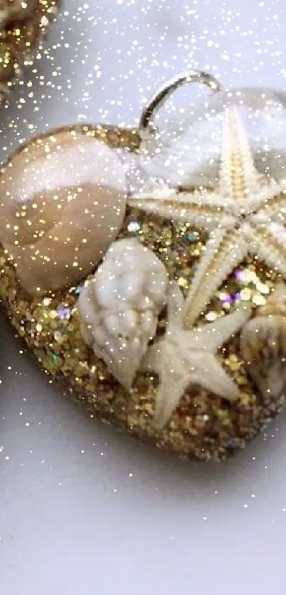 Heart-shaped seashells with starfish and gold glitter.