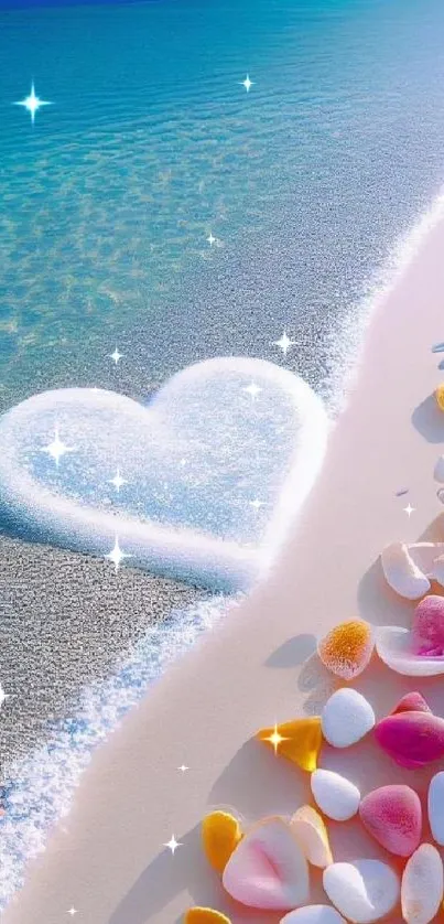 Heart-shaped sand design on a beach with colorful seashells and turquoise waves.