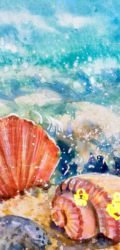 Ocean scene with seashells and starfish in a watercolor design.