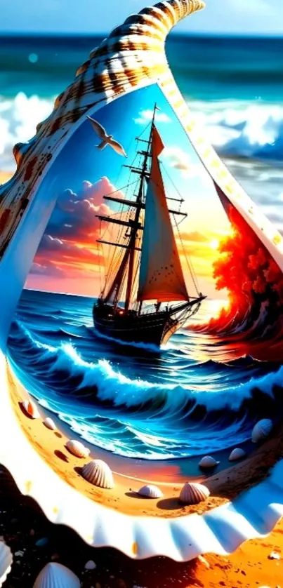 Sailing ship painted inside an open seashell on beach.