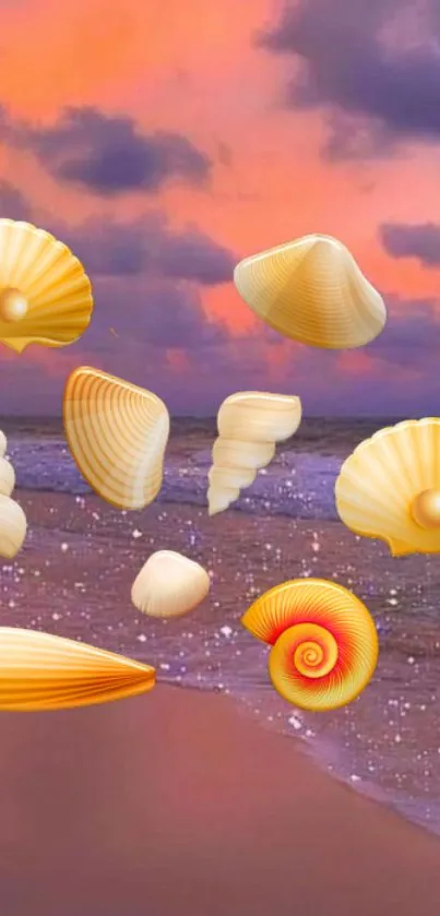 Seashells float over a sunset-lit ocean, creating a surreal mobile wallpaper scene.