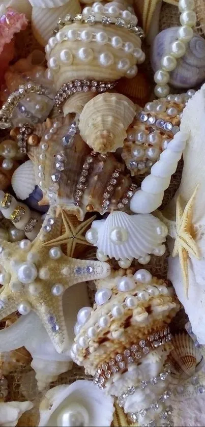 Seashells and pearls mobile wallpaper with starfish and oceanic details.