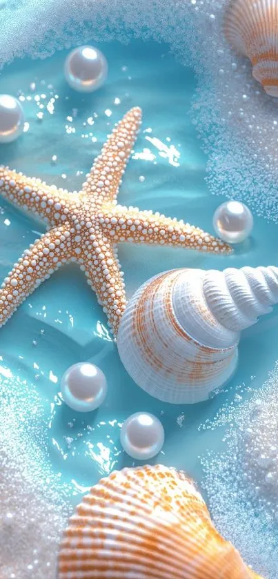 A coastal themed wallpaper with seashells and starfish on a blue ocean background.