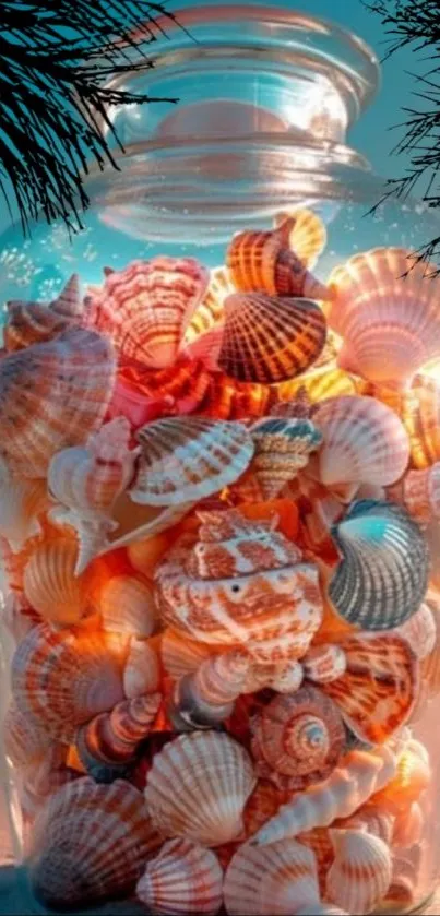 A glass jar filled with colorful seashells on a beach.
