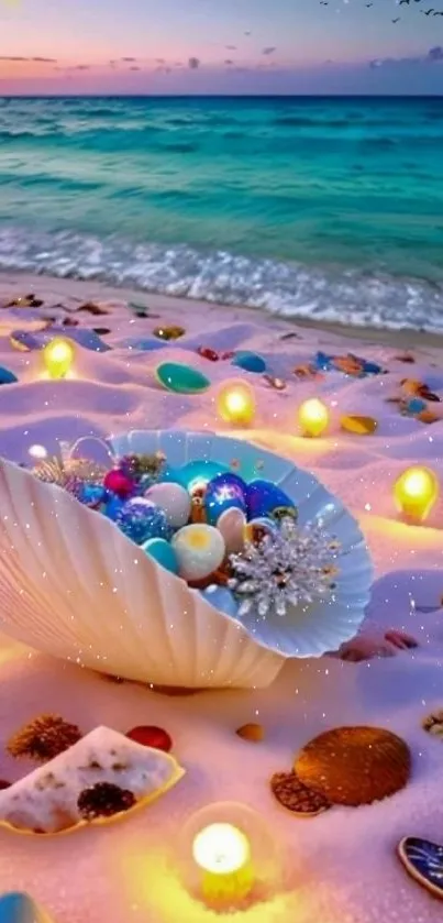 Colorful seashells and glowing candles on a sunset beach.