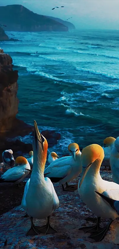 Seaside birds perched on a rocky cliff with ocean waves.