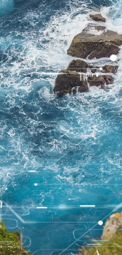 Breathtaking view of ocean waves crashing against cliffs.