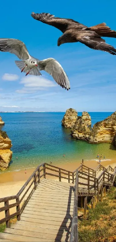 Birds flying over a scenic seaside with cliffs and beach.