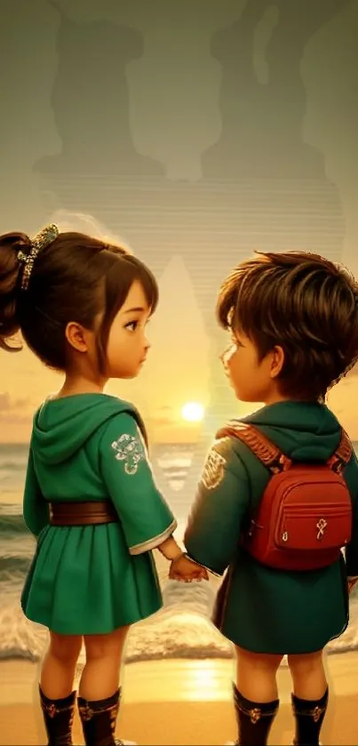 Two children holding hands at the beach during sunset in anime style.