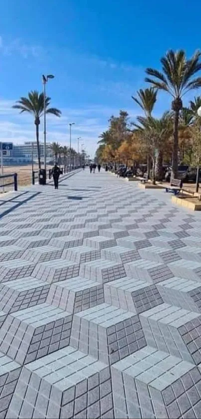 Scenic promenade with geometric tiles and palm trees under a blue sky.