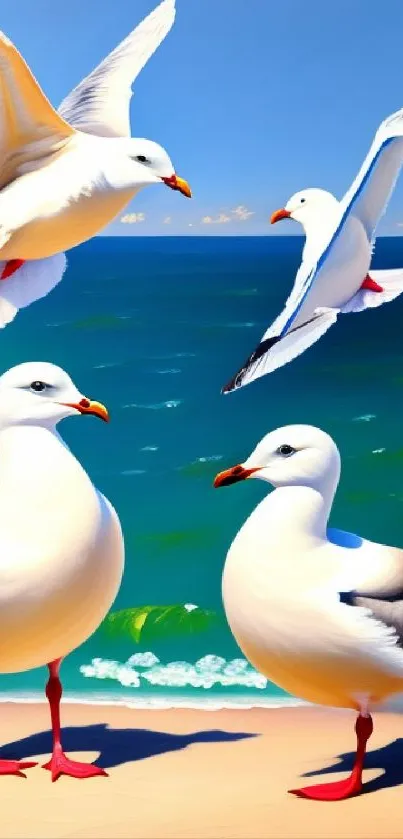 Seaside wallpaper with seagulls flying over the beach and ocean.