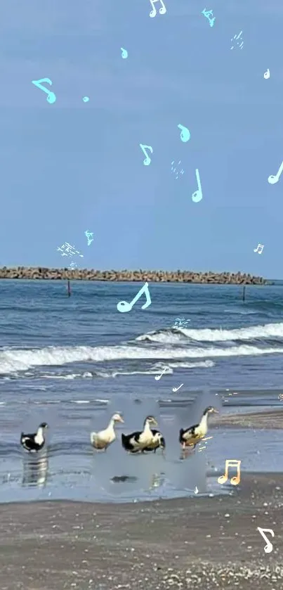 Peaceful seaside with seagulls and musical notes against a blue ocean backdrop.