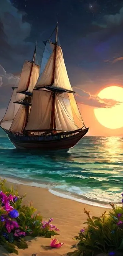 Majestic ship sailing into a vibrant sunset by the ocean with blooming flowers on the shore.