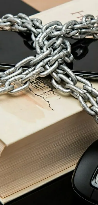 Smartphone wrapped in chains on a book, symbolizing security.