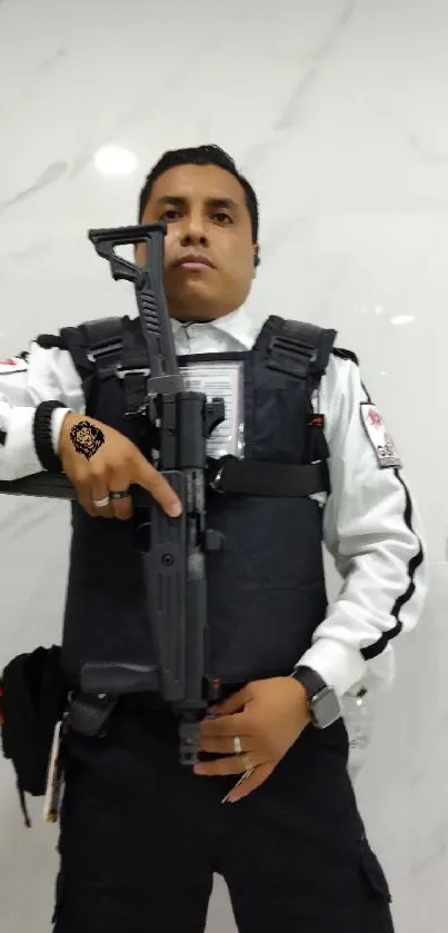 Security guard in uniform standing in a marble hallway.