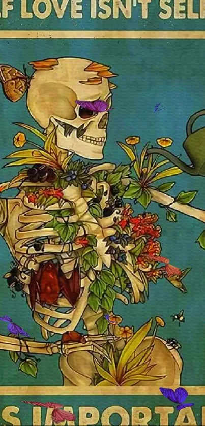 Skeleton with plants art wallpaper promoting self love.