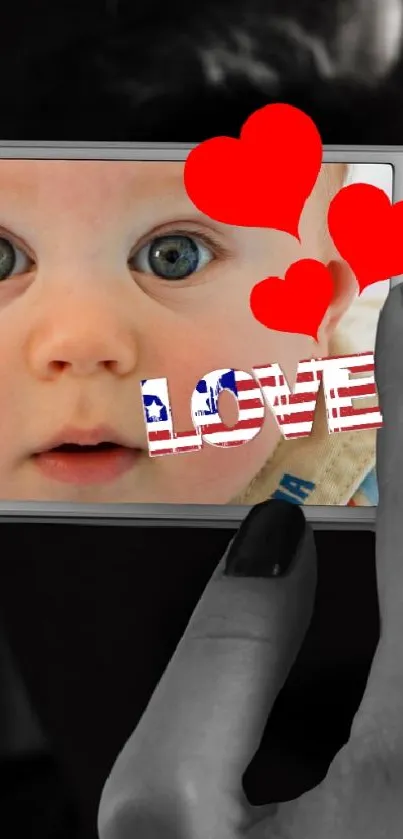 Sentimental wallpaper with baby and heart graphics on phone screen.