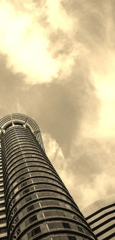 Sepia cityscape with towering skyscrapers against a cloudy sky.