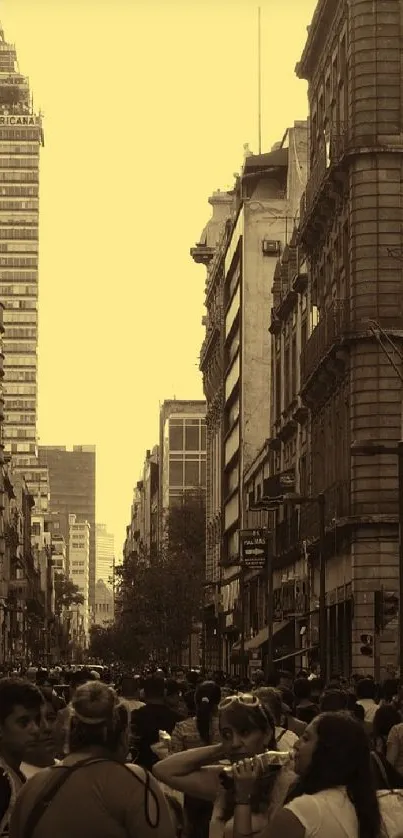 Sepia urban street scene with historic buildings and bustling crowd.