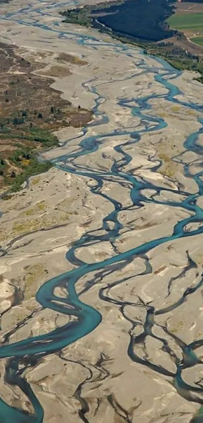 Aerial view of winding river through sandy landscape.