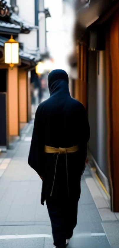 A person walks down a serene alleyway in traditional clothing, captured with soft lighting.