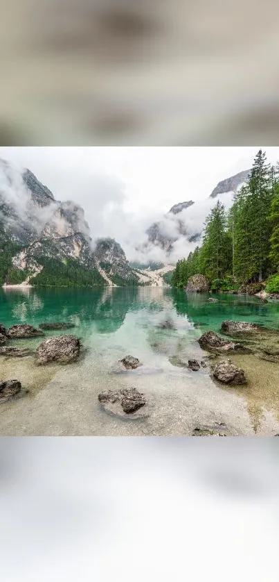 Serene alpine lake with misty mountains and green forest views.