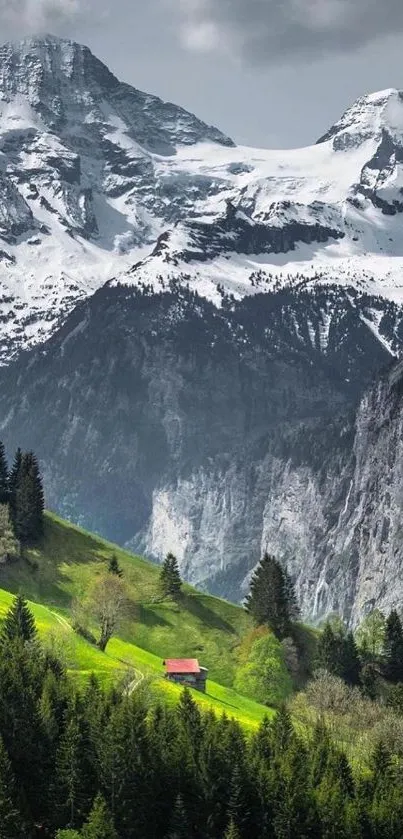 Scenic alpine mountain landscape with green valley.